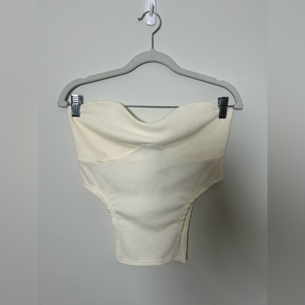 PrettyLittleThing Cream Ribbed Corset Top